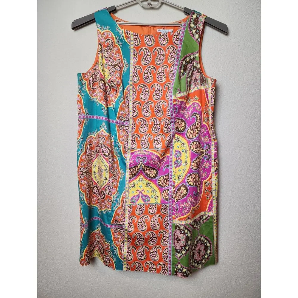 Peter Nygard Lined Sheath Sleeveless Dress Knee Length Bold Print Orange Yellow